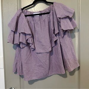 Women's Purple Ruffle Top Gingham Plaid Easter Preppy Flowy Short Sleeve Blouse